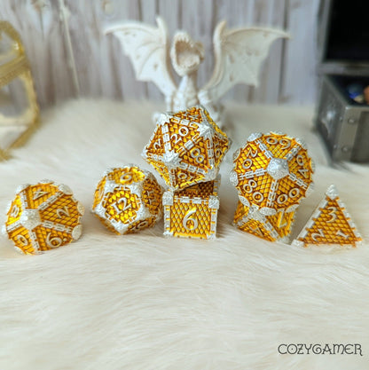 Dragon Scale Metal Dice Set – 7 - Piece Gold Scales Silver Chains Zinc Alloy DnD - Fennek and Finch