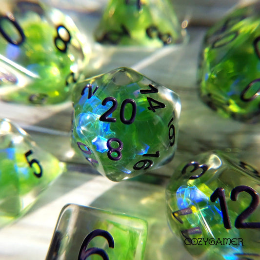 Dragon Scales Dice Set – 7 - Piece Iridescent Green Purple | Fennek & Finch - Fennek and Finch