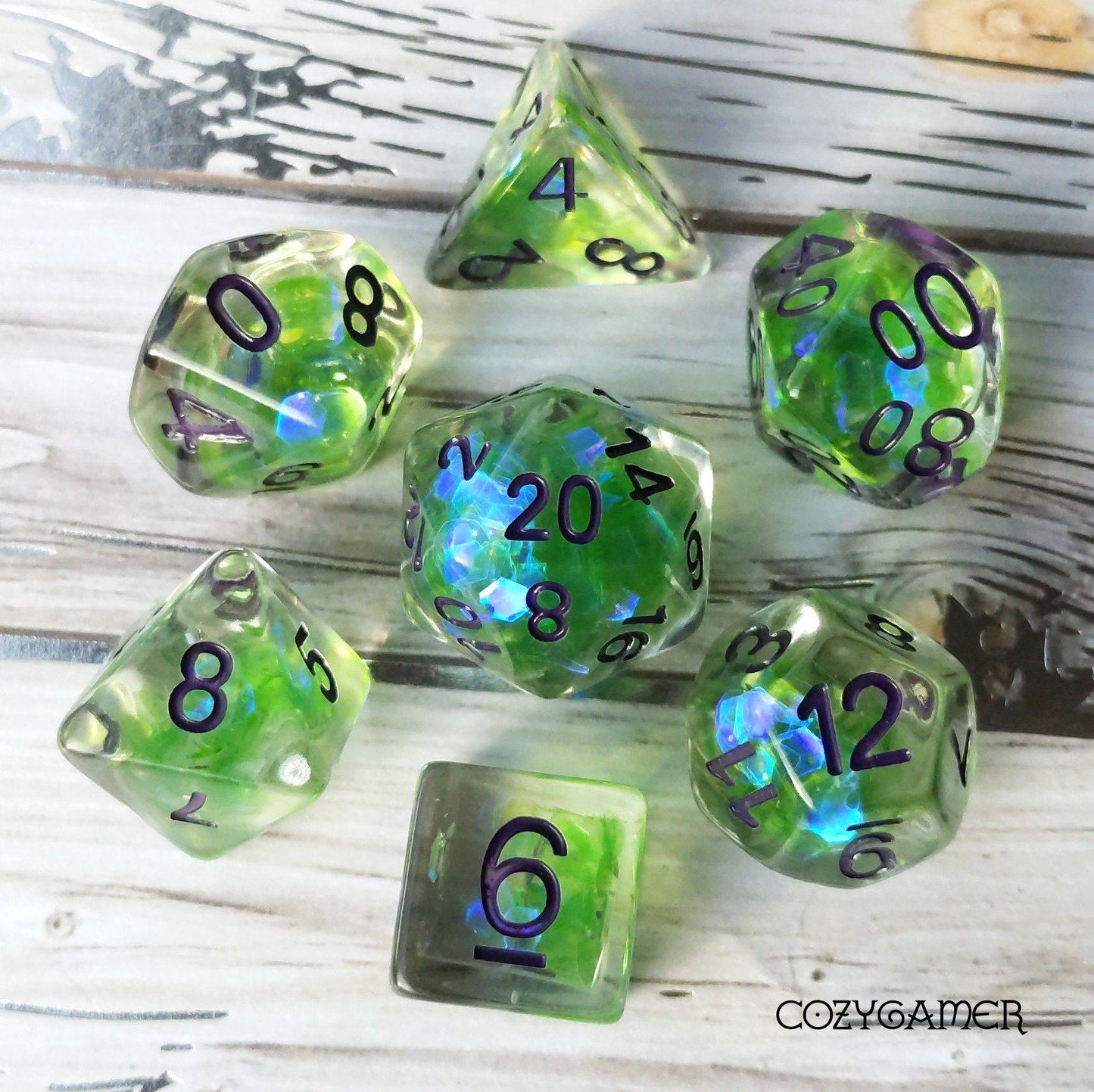 Dragon Scales Dice Set. Iridescent Green Purple Glitter Dice