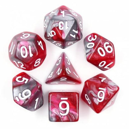 Dragon's Blood Dice Set – 7 - Piece Marbled Pearly Silver Red Acrylic DnD Dice - Fennek and Finch