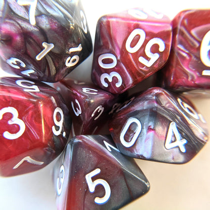 Dragon's Blood Dice Set – 7 - Piece Marbled Pearly Silver Red Acrylic DnD Dice - Fennek and Finch