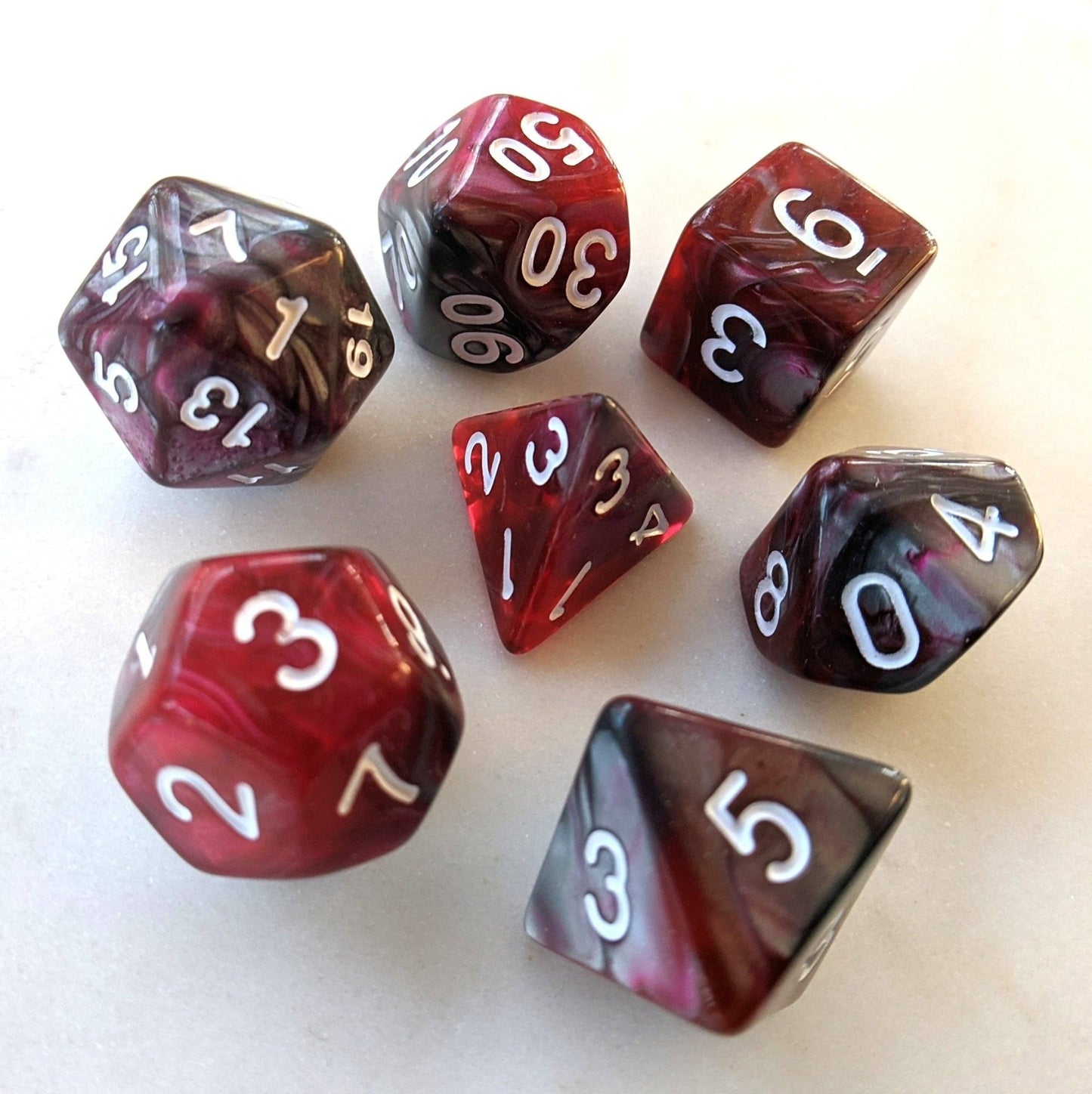Dragon's Blood Dice Set – 7 - Piece Marbled Pearly Silver Red Acrylic DnD Dice - Fennek and Finch