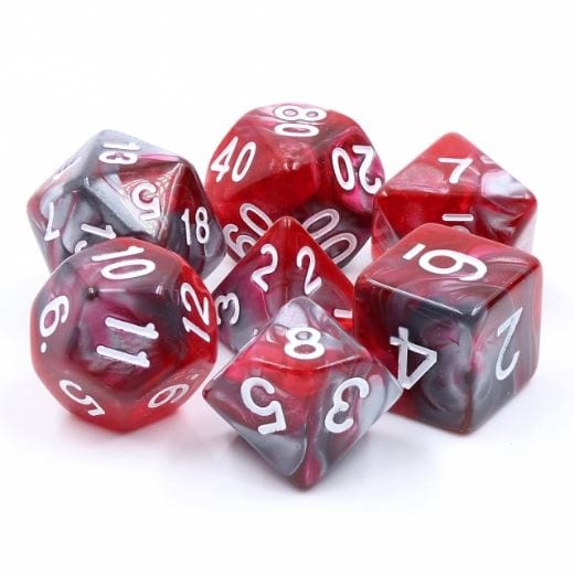 Dragon's Blood Dice Set – 7 - Piece Marbled Pearly Silver Red Acrylic DnD Dice - Fennek and Finch