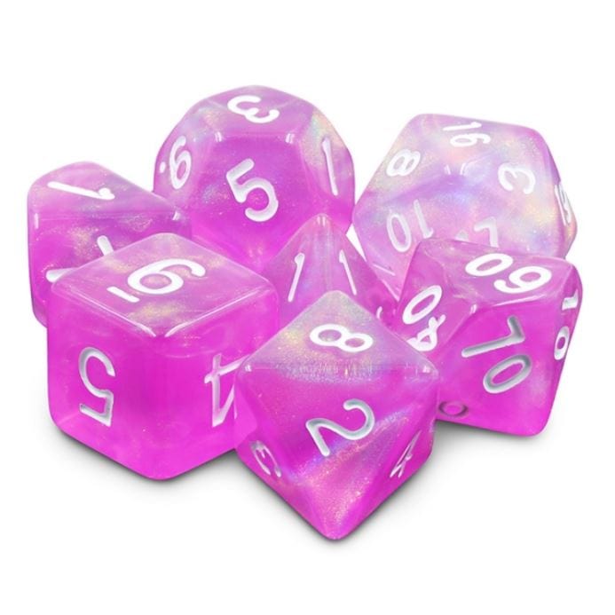 Dream in Bloom Dice Set – 7-Piece Bright Pink Shimmer DnD Dice Dice Sets & Games Fennek and Finch