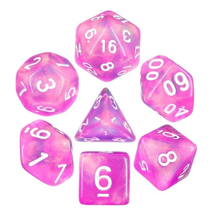 Dream in Bloom Dice Set – 7-Piece Bright Pink Shimmer DnD Dice Dice Sets & Games Fennek and Finch