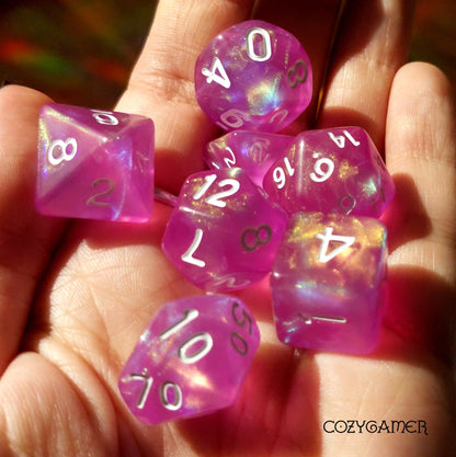 Dream in Bloom Dice Set. Bright pink shimmering dice
