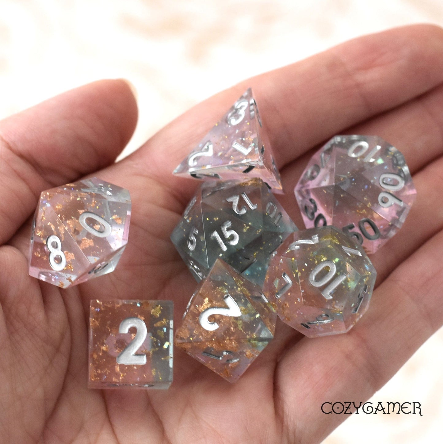 Dream Palace Sharp Edge Dice Set. Layered Pink and Blue Clear resin with copper foil and opal flakes