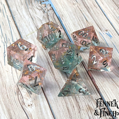 Dream Palace Sharp Edge Dice Set. Layered Pink and Blue Clear resin with copper foil and opal flakes