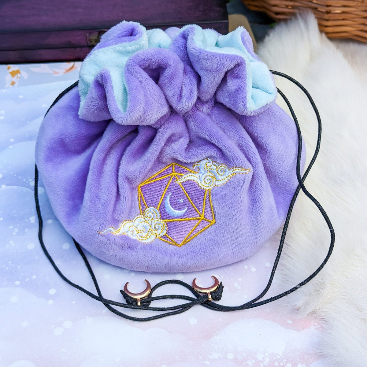 Dreamy Plush Dice Bag, Purple and Blue Multi Pocket Drawstring Pouch, Embroidered D20 Moon & Clouds Dice Bags & Accessories Fennek and Finch Black