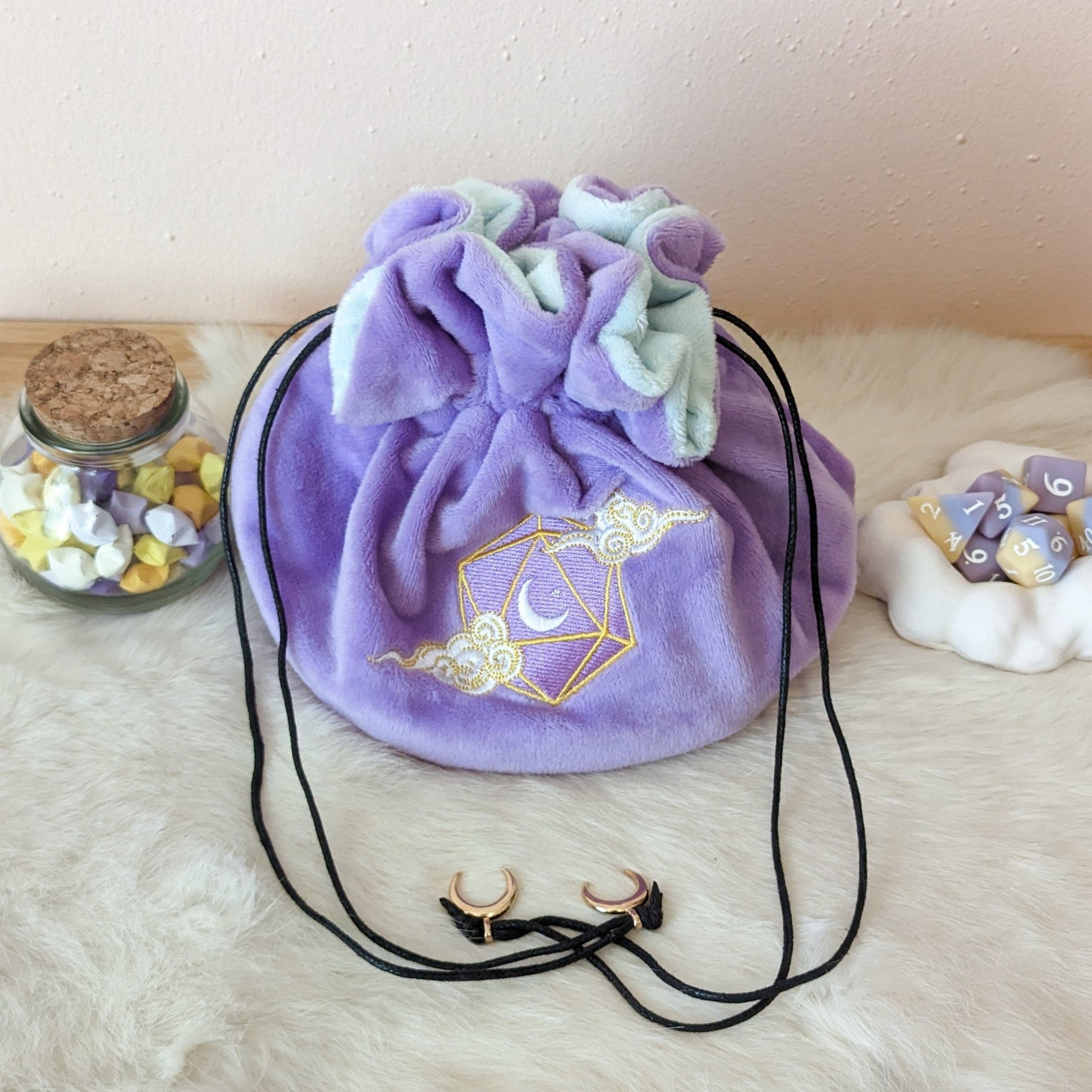 Dreamy Dice Bag – Multi - Pocket Purple Blue Velvet Pouch with Moon & Star | Fennek & Finch - Fennek and Finch