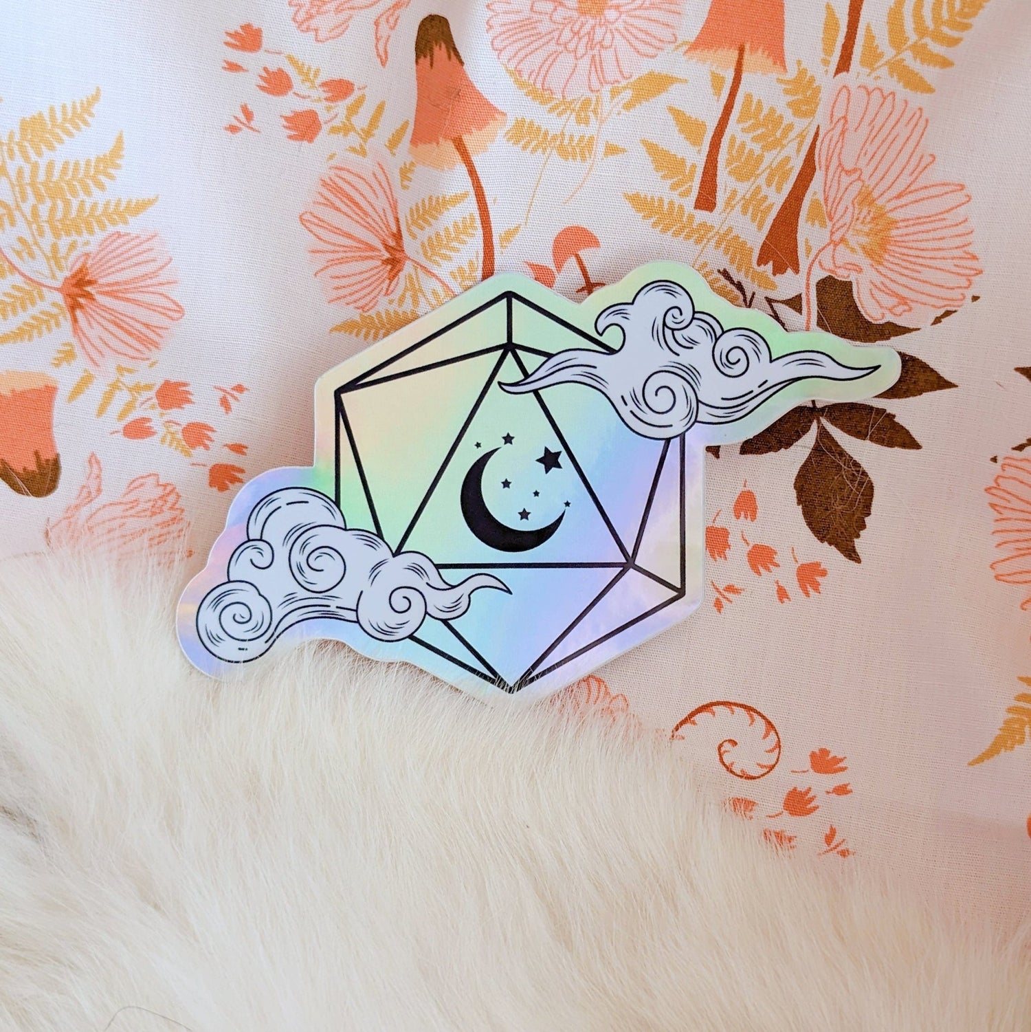 Dreamy Holographic Sticker – 4.25" x 2" D20 Crescent Moon Clouds Vinyl Decal sticker Fennek and Finch
