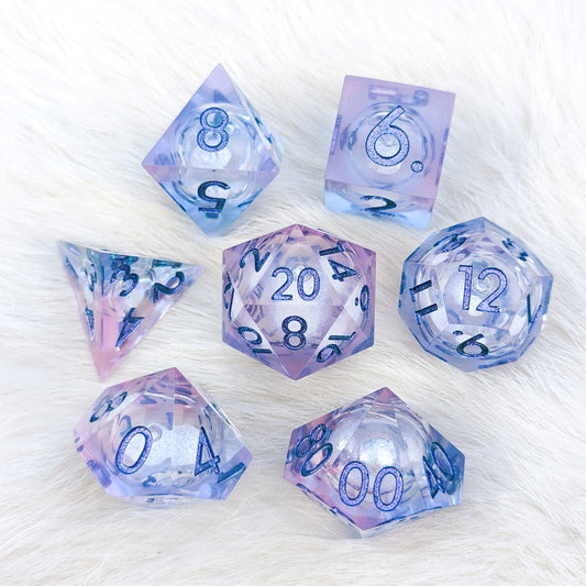 Dreamy Periwinkle Liquid Core DnD Dice Set with Glitter and Metallic Finish - 7 Piece Polyhedral Dice for Dungeons and Dragons.