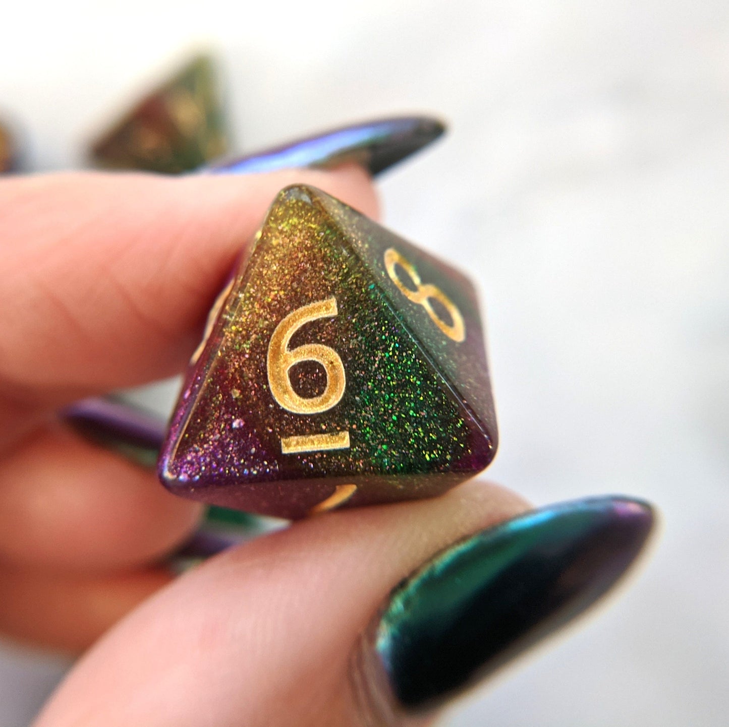 Druid Grove Dice Set. Green, Gold, and Purple Marbled Micro Shimmer - CozyGamer