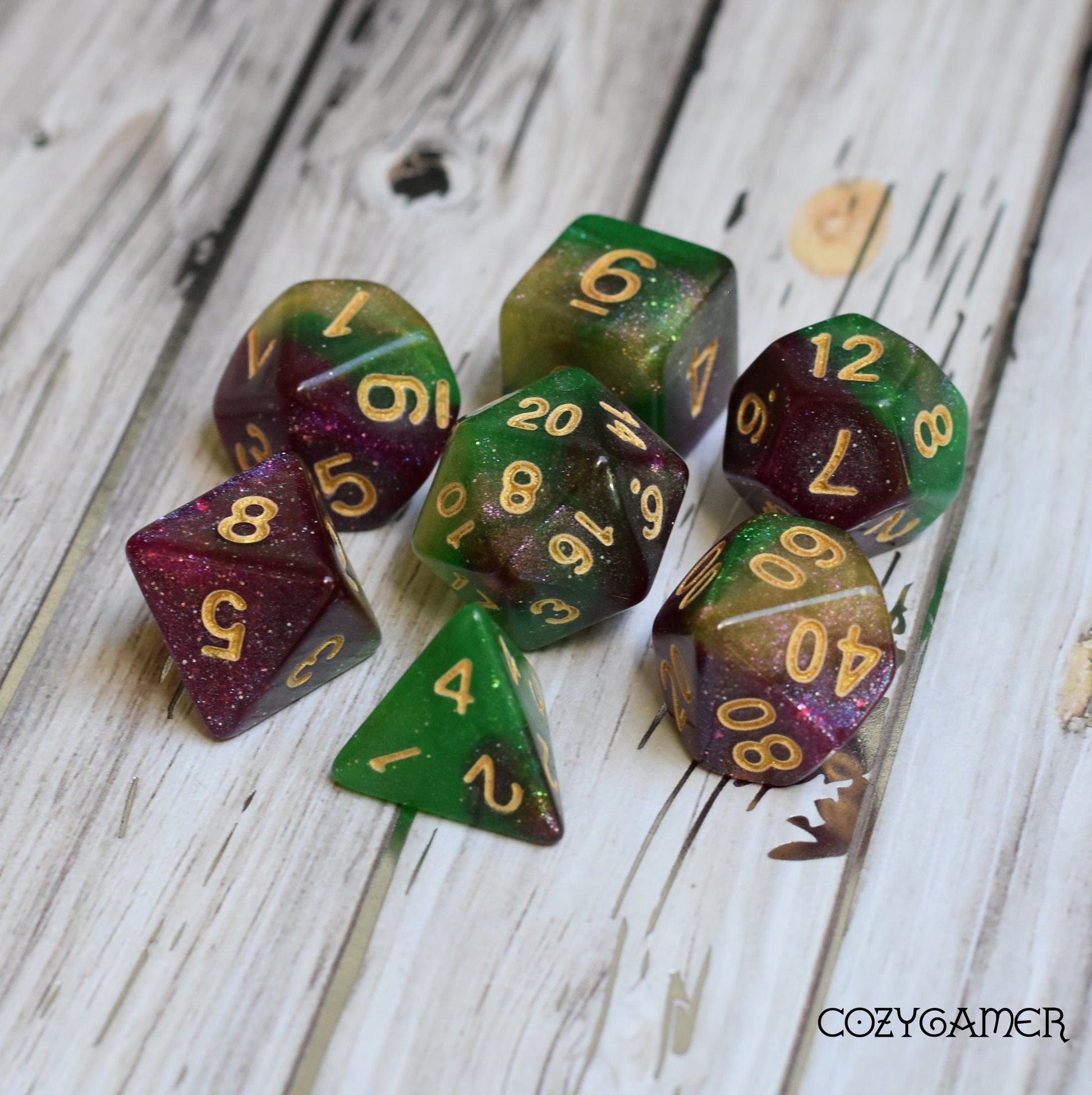 Druid Grove Dice Set. Green, Gold, and Purple Marbled Micro Shimmer