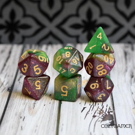 Druid Grove Dice Set. Green, Gold, and Purple Marbled Micro Shimmer