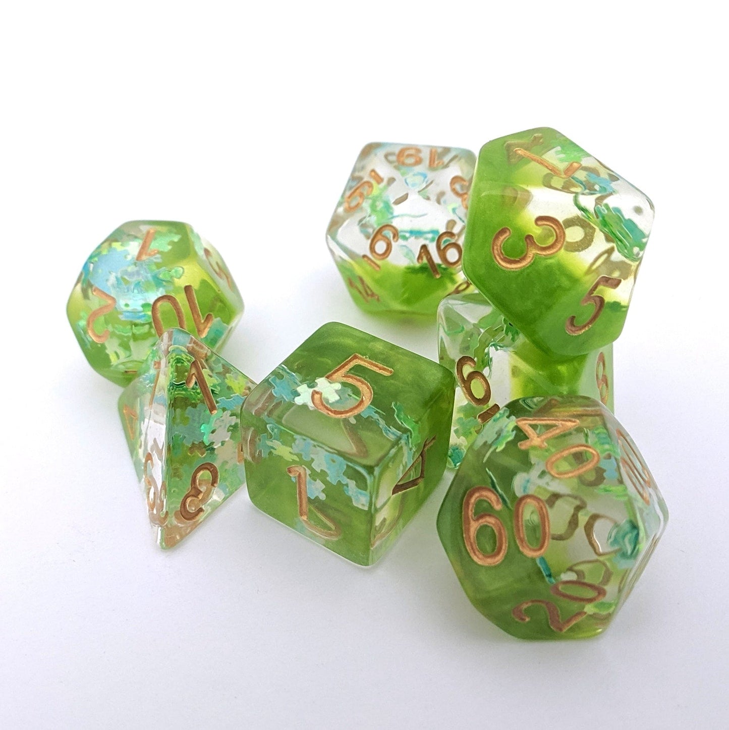 Elven Riddle Dice Set – 7 - Piece Green Translucent Puzzle Piece Glitter DnD Dice - Fennek and Finch