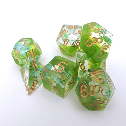 Elven Riddle Dice Set – 7 - Piece Green Translucent Puzzle Piece Glitter DnD Dice - Fennek and Finch