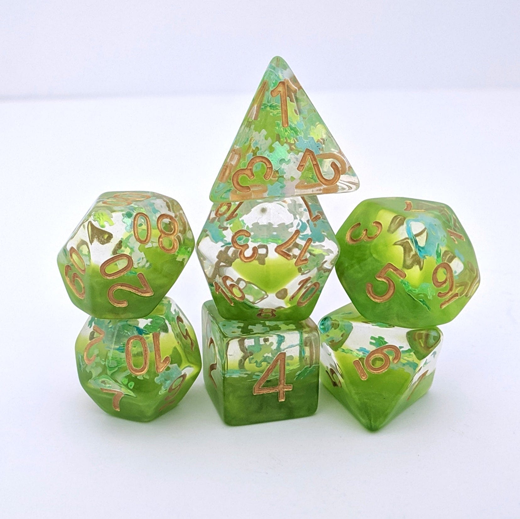 Elven Riddle Dice Set – 7 - Piece Green Translucent Puzzle Piece Glitter DnD Dice - Fennek and Finch