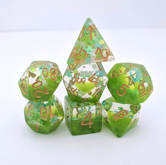 Elven Riddle Dice Set – 7 - Piece Green Translucent Puzzle Piece Glitter DnD Dice - Fennek and Finch