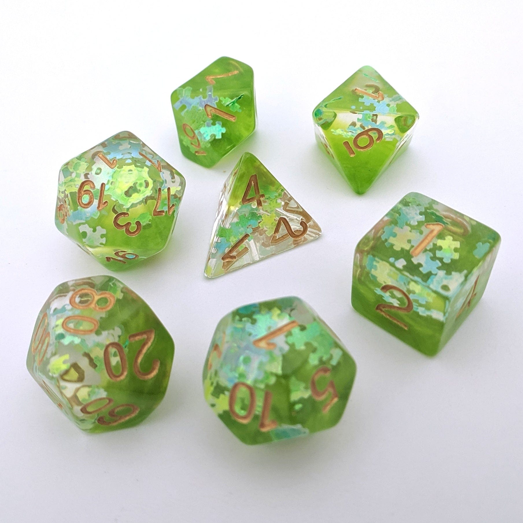Elven Riddle Dice Set – 7 - Piece Green Translucent Puzzle Piece Glitter DnD Dice - Fennek and Finch