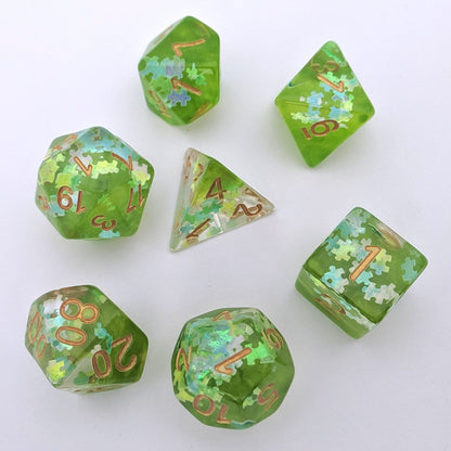 Elven Riddle Dice Set – 7 - Piece Green Translucent Puzzle Piece Glitter DnD Dice - Fennek and Finch