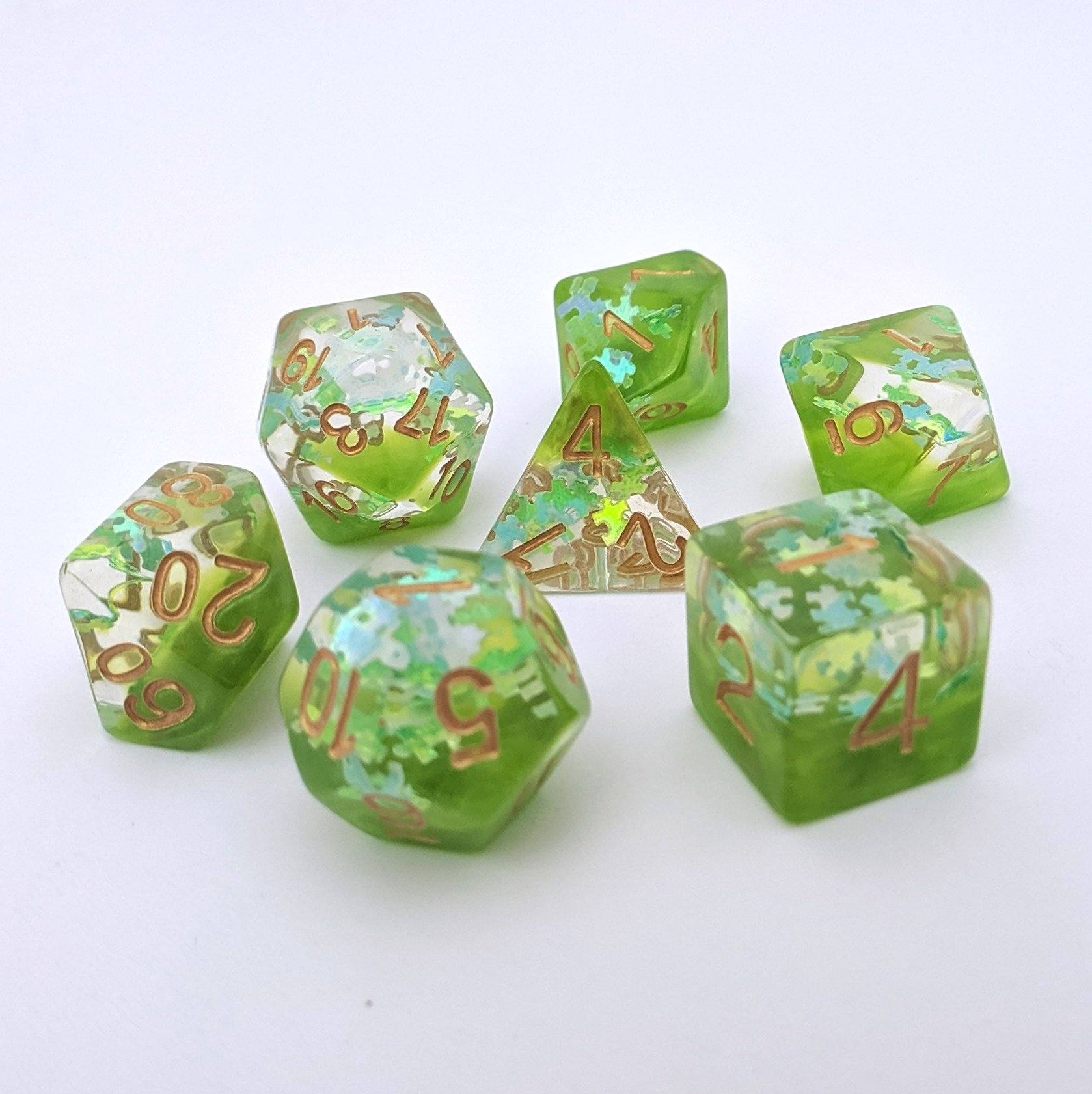 Elven Riddle Dice Set – 7 - Piece Green Translucent Puzzle Piece Glitter DnD Dice - Fennek and Finch