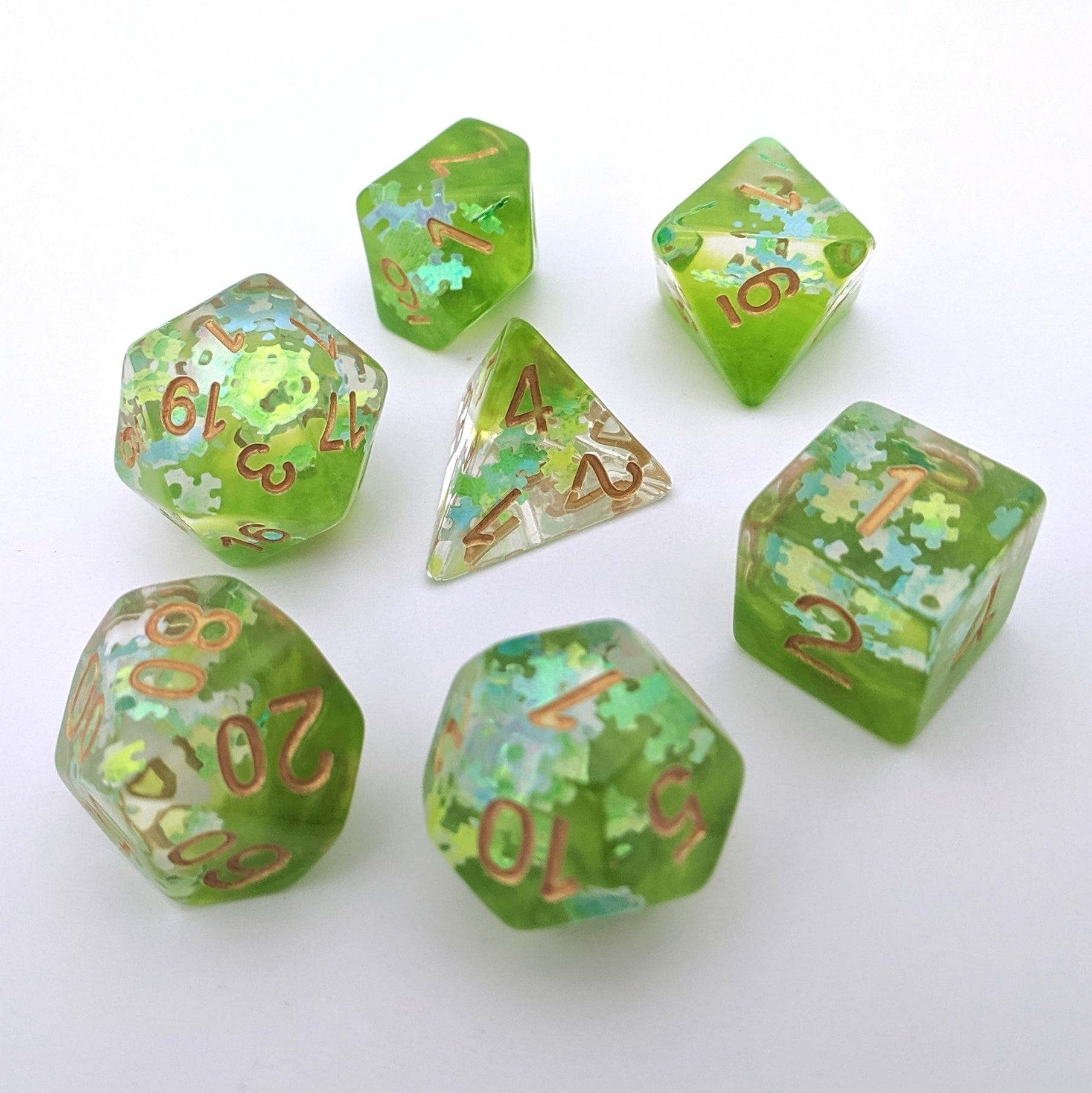 Elven Riddle DnD Dice Set, Green Translucent Glitter Dice - CozyGamer