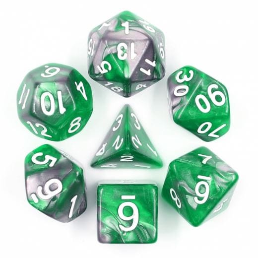 Emerald Ore Dice Set, green and silver marble polyhedral dice for tabletop RPGs like Dungeons and Dragons, 7-piece set.