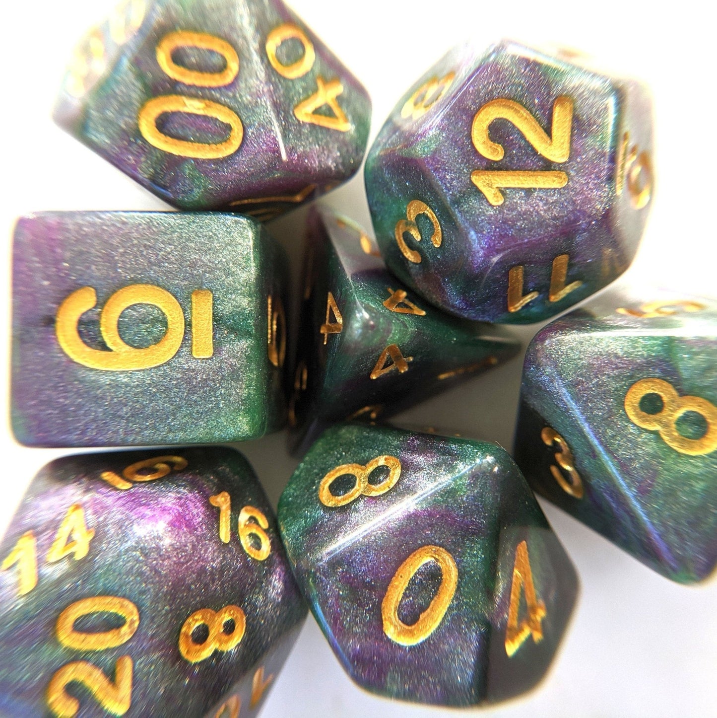 Enchanted Forest Dice Set – Deep Green & Purple with Micro Shimmer Glitter - Fennek and Finch
