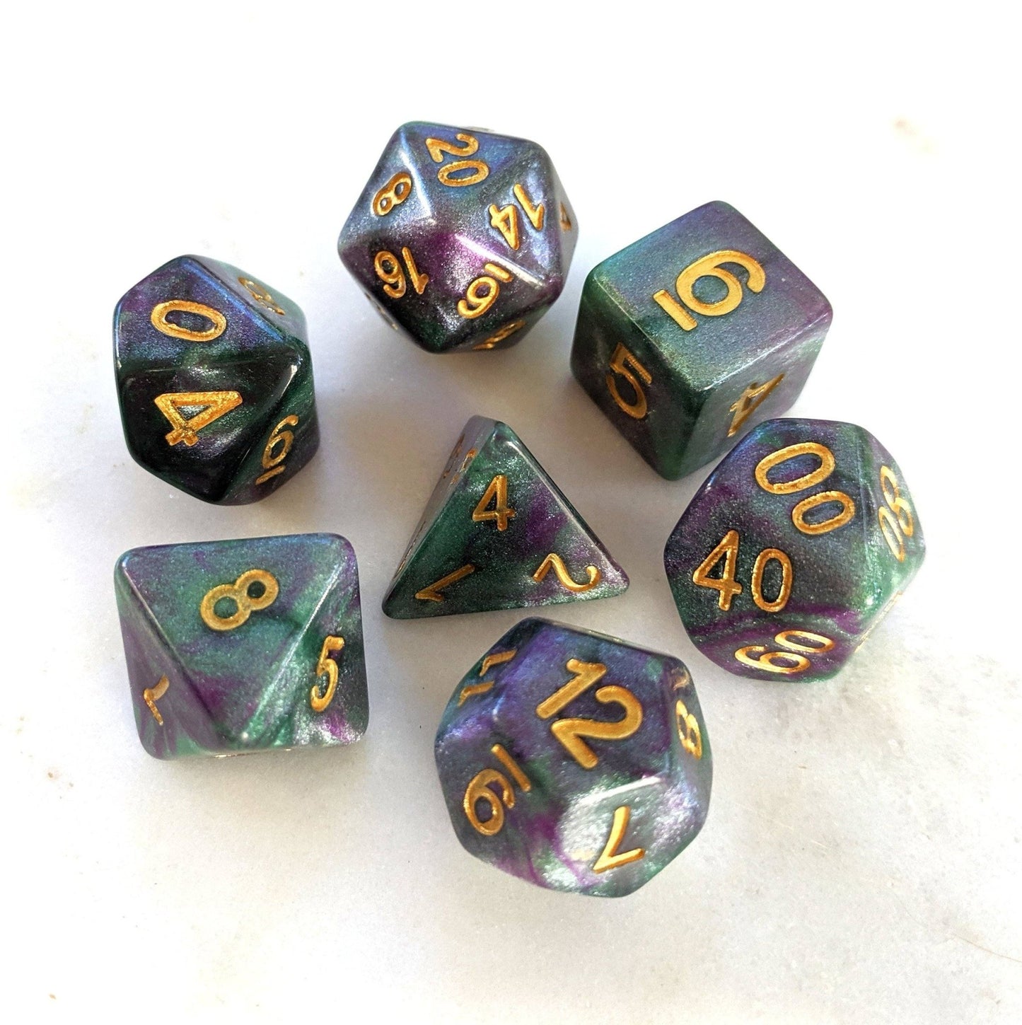 Enchanted Forest Dice Set – Deep Green & Purple with Micro Shimmer Glitter - Fennek and Finch