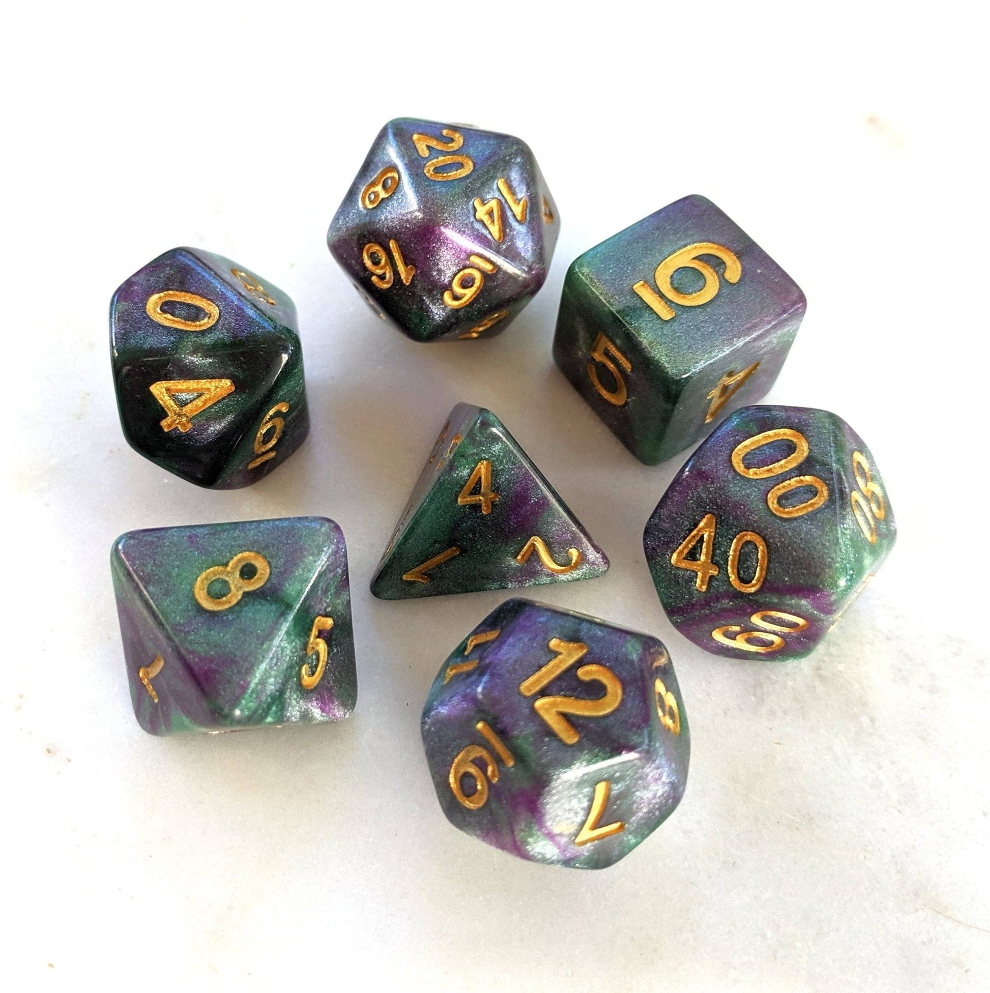 Enchanted Forest Dice Set – Deep Green & Purple with Micro Shimmer Glitter - Fennek and Finch