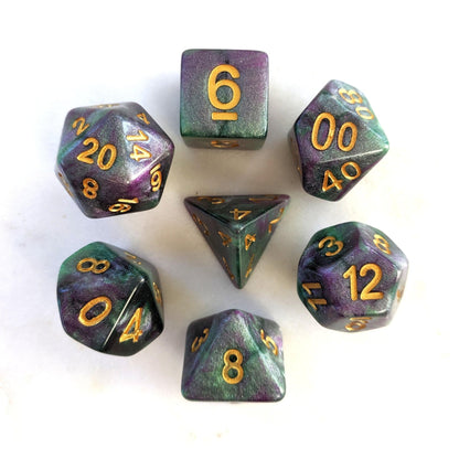 Enchanted Forest Dice Set – Deep Green & Purple with Micro Shimmer Glitter - Fennek and Finch