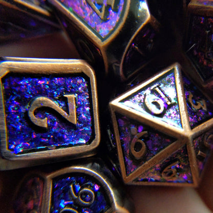 Enchantment Copper Metal Dice Set – 7 - Piece Blue Purple Color Shift Zinc Alloy - Fennek and Finch