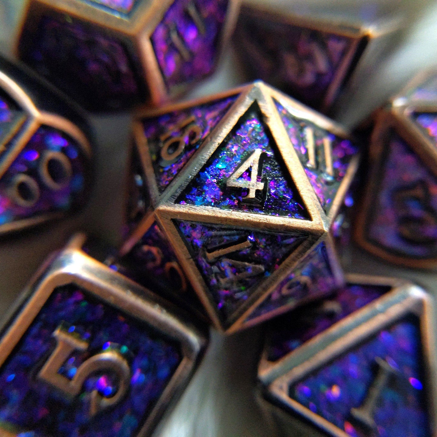 Enchantment Copper Metal Dice Set with Blue and Purple Color Shifting Glitter - CozyGamer