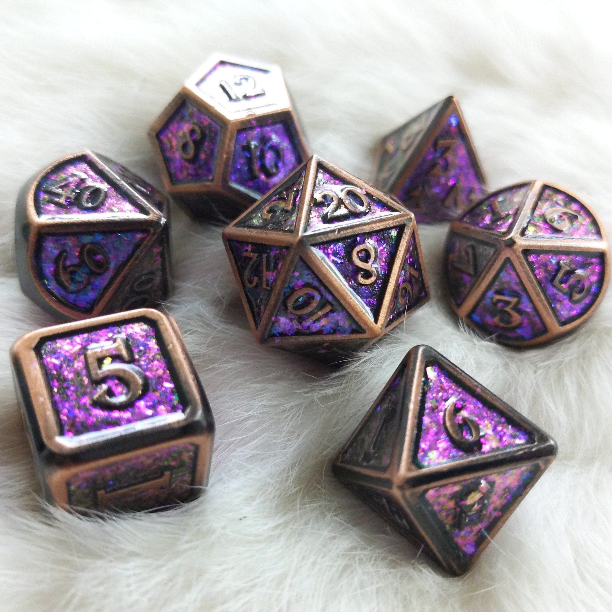 Enchantment Copper Metal Dice Set with Blue and Purple Color Shifting Glitter - CozyGamer