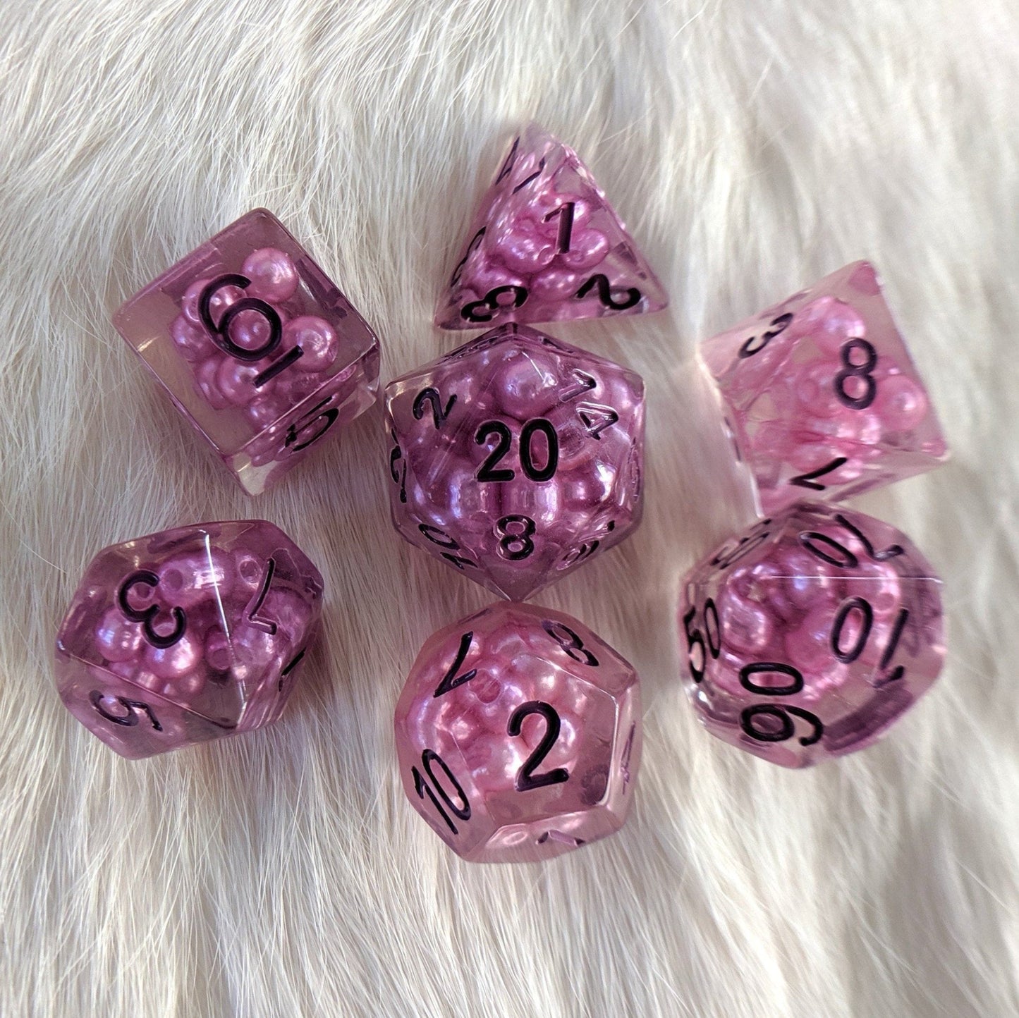 Enchantress Pearl Dice Set – Clear Resin with Purple Pearl Beads & Dark Violet Font - Fennek and Finch