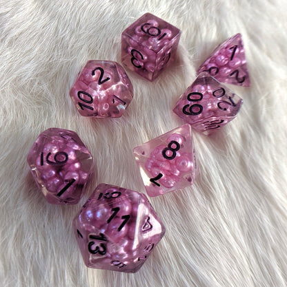 Enchantress Pearl Dice Set – Clear Resin with Purple Pearl Beads & Dark Violet Font - Fennek and Finch