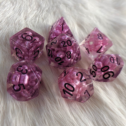 Enchantress Pearl Dice Set – Clear Resin with Purple Pearl Beads & Dark Violet Font - Fennek and Finch