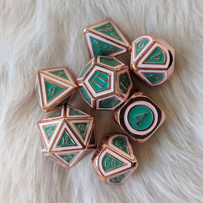 Eternal Metal Dice Set – 7-Piece Copper Plated Turquoise Green White Enamel Dice Sets & Games Fennek and Finch