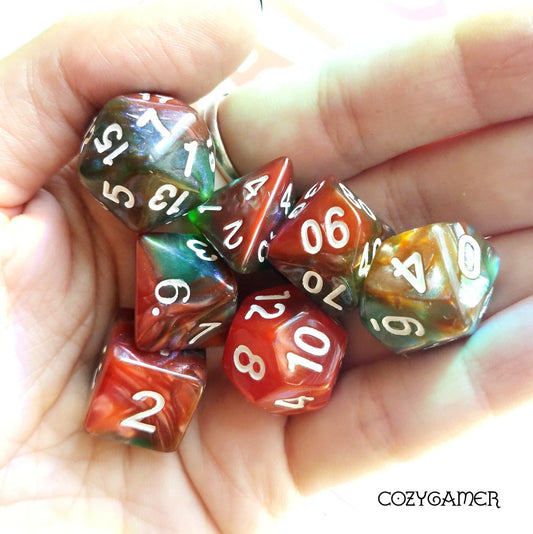 Eternal Summer Glitter Acrylic Dice Set. TTRPG 7 Piece Dice - Fennek and Finch