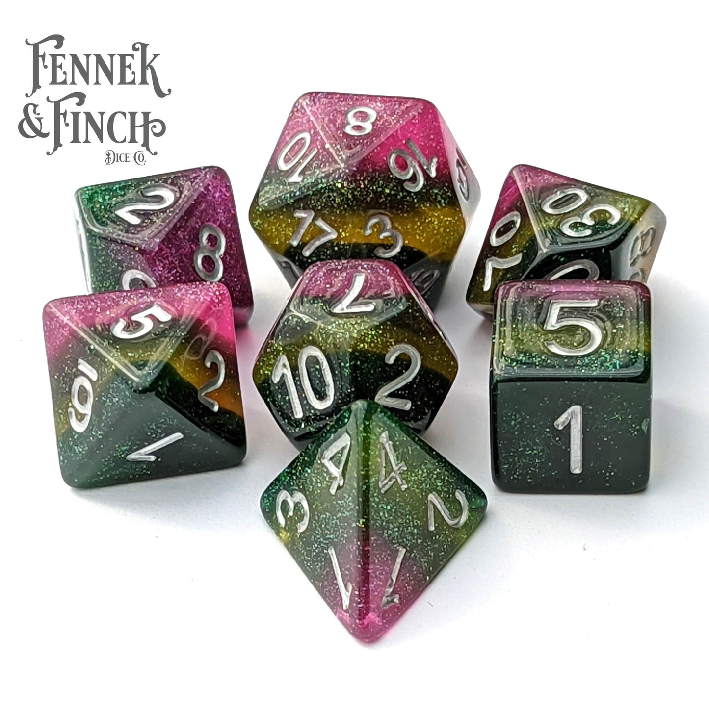 Everbloom Dice Set. Glitter Layered Purple and Green