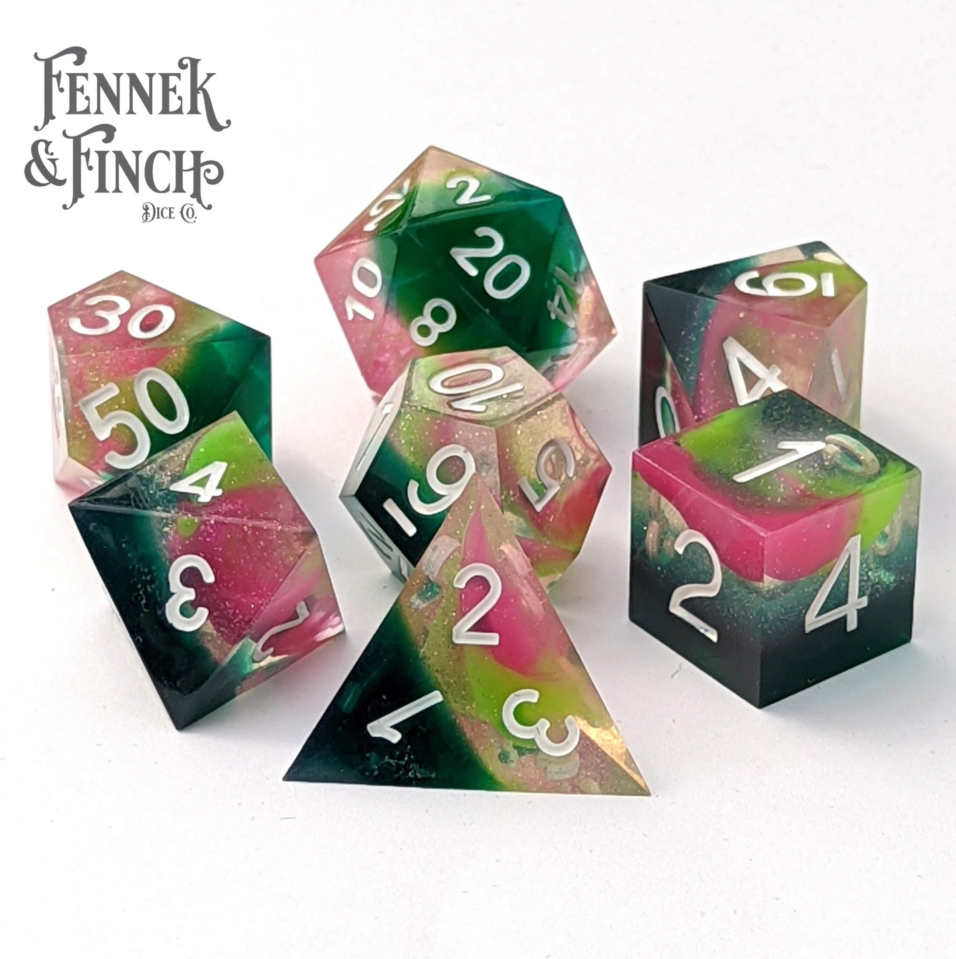 Everbloom Sharp Edge Dice Set – 7 - Piece Floral DnD Dice - Fennek and Finch