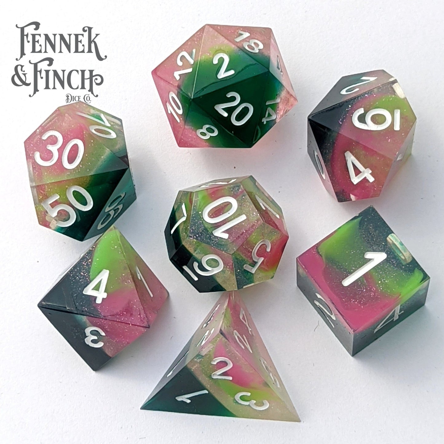 Everbloom Sharp Edge Dice Set – 7 - Piece Floral DnD Dice - Fennek and Finch