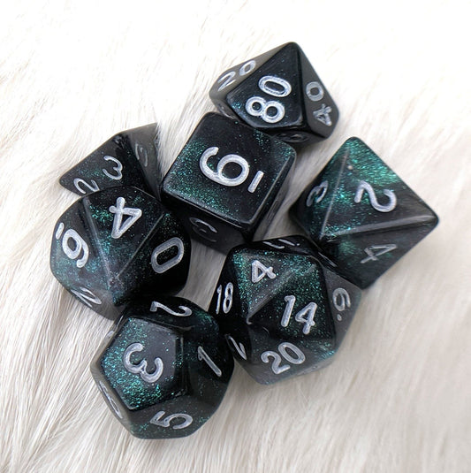 Everclear Aurora Dice Set – 7 - Piece Black Green Micro Shimmer Acrylic DnD Dice - Fennek and Finch