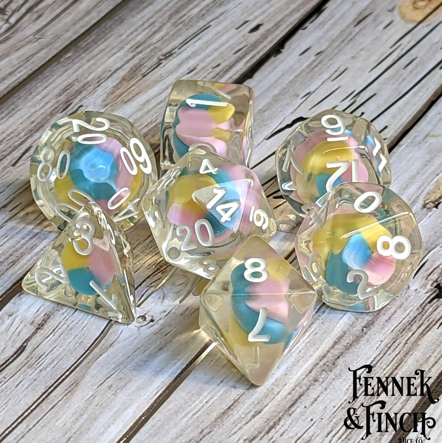 Fae Candy Swirl Dice Set – 7 - Piece Tiny Candy Pieces Fey DnD Dice - Fennek and Finch