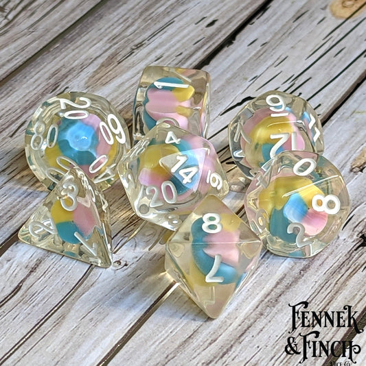 Fae Candy Swirl Dice Set. Tiny candy pieces DnD dice set