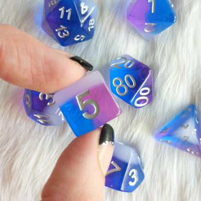 Fae Flash Dice Set. Blue, purple, and white dice set - CozyGamer