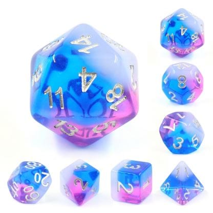 Fae Flash Dice Set. Blue, purple, and white dice set - CozyGamer