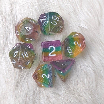 Fairy Dust Dice Set – 7-Piece Translucent Glitter Pastel Rainbow Gradient DnD Dice sets Fennek and Finch