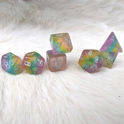 Fairy Dust Dice Set – 7-Piece Translucent Glitter Pastel Rainbow Gradient DnD Dice sets Fennek and Finch